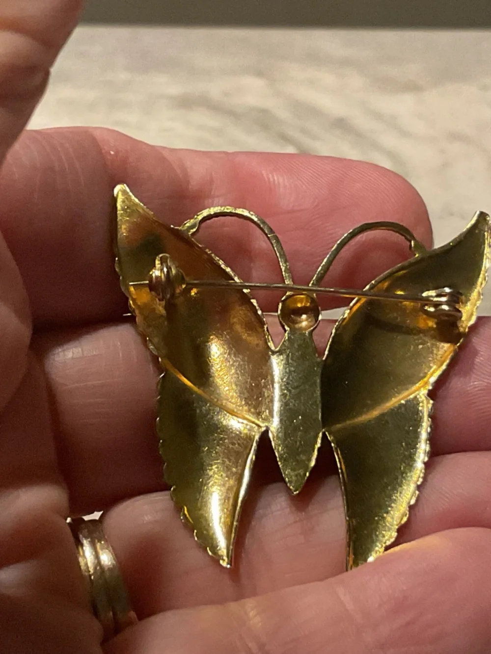 Vintage Butterfly Brooch Victorian style goldtone amber glass stone 1.5” across